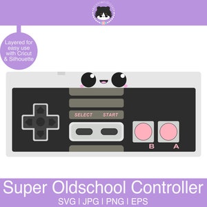 May include: A cartoon illustration of a retro video game controller with a cute face. The controller is grey and black with pink buttons and a black directional pad. The text "SELECT", "START", "B", and "A" are printed on the controller. The text "Super Oldschool Controller" is printed below the image. The text "SVG | JPG | PNG | EPS" is printed below the text "Super Oldschool Controller".