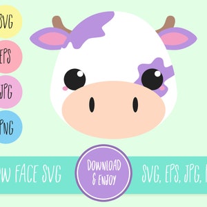 May include: A cartoon cow face with purple spots and pink ears. The cow has big, black eyes and a pink nose. The background is a light green color.  The text "COW FACE SVG" and "SVG, EPS, JPG, PNG" is at the bottom of the image.