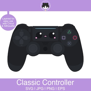 May include: A black video game controller with a cute cartoon face. The controller has a directional pad, four buttons, and two analog sticks.