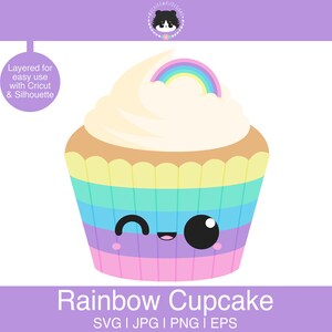 May include: A rainbow cupcake with a smiling face. The cupcake is layered with pink, purple, blue, green, and yellow frosting. The cupcake has a white frosting swirl on top with a rainbow on top of the swirl.