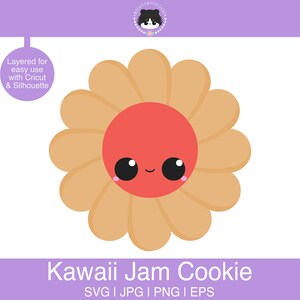 May include: A kawaii jam cookie with a red centre and a yellow flower-shaped cookie. The cookie has a cute face with big eyes and a smile.