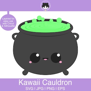 May include: A black kawaii cauldron with a cute face, filled with green bubbling liquid. The cauldron has two handles and three small feet. Text at the bottom reads "Kawaii Cauldron".