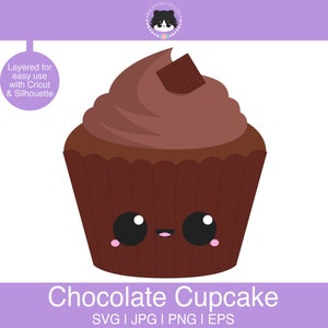 May include: A cartoon chocolate cupcake with a smiling face. The cupcake has a brown base and a swirl of chocolate frosting topped with a chocolate square. The image includes the text "Chocolate Cupcake".