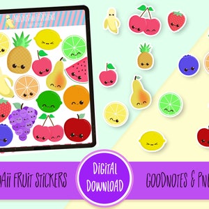 Kawaii Fruit Digital Planner Sticker | Goodnotes pre-cropped & PNGs | 16 Cute Fruit Planner Stickers | Kawaii Digital Planner Stickers