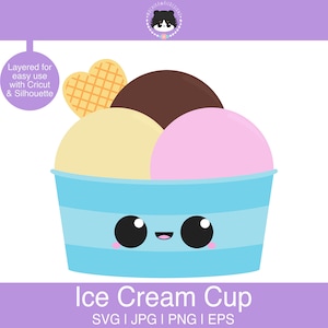 Peut inclure: Un gobelet à crème glacée bleu avec un visage de dessin animé mignon. Le gobelet est rempli de trois boules de crème glacée : vanille, chocolat et fraise. La boule de vanille est surmontée d’un cornet gaufré.