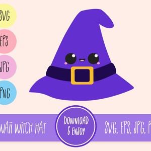 Può includere: Un cappello da strega viola con una fibbia nera e un simpatico viso da cartone animato. Il cappello ha un'ampia tesa e una punta appuntita. Il testo "KAWAII WITCH HAT" è nella parte inferiore dell'immagine.