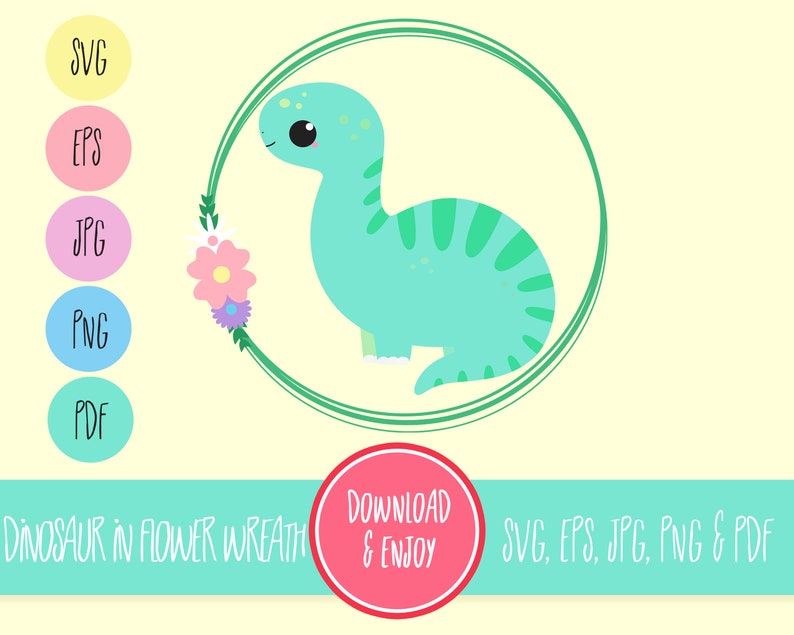 Dinosaur in flower ring SVG Dinosaur Circle Frame SVG layered svg, pdf, eps, jpg, png Kawaii SVG for Silhouette, Cricut etc image 1