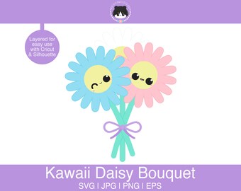 Kawaii Daisy Bouquet SVG - layered for easy use | Cute Flower svg, eps, jpg, png | Kawaii SVG for cutting programs like Silhouette, Cricut