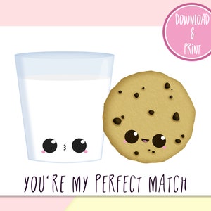 Cartão postal para impressão de biscoito e leite Kawaii para o dia dos namorados "Você é meu par perfeito" | cartão dos namorados de Kawaii Cartão Postal | Dia dos Namorados para impressão Kawaii