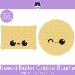 Peut inclure: Deux biscuits au beurre kawaii avec des visages souriants. Un biscuit est rond et l'autre est rectangulaire. Les deux biscuits sont jaunes avec un contour brun clair.