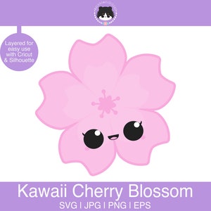 Kawaii Cherry Blossom SVG - gelaagd voor eenvoudig gebruik | Sakura-svg, eps, jpg, png | Kawaii Flower SVG voor snijprogramma's zoals Silhouette Cricut