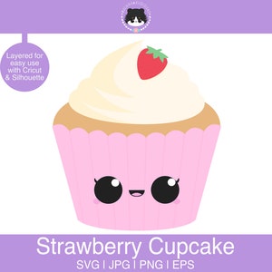 May include: A pink cupcake with white frosting and a red strawberry on top. The cupcake has a cute cartoon face with big black eyes and a smile.