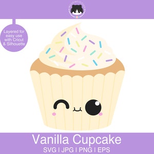 May include: A vanilla cupcake with a white frosting and colorful sprinkles. The cupcake has a cute cartoon face with closed eyes and a smile.