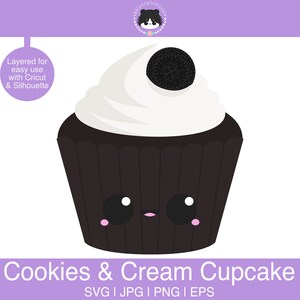 May include: A cartoon-style Cookies & Cream cupcake illustration. The cupcake has a dark brown base, white frosting, and a cookie on top. The cupcake has a cute face with black eyes and a small mouth. Text at the bottom reads "Cookies & Cream Cupcake".