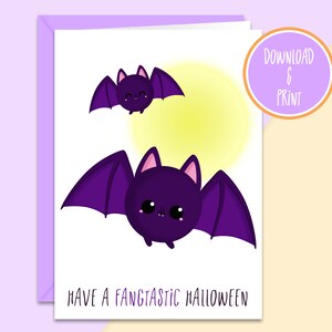 Kawaii Bat Wydrukowana Karta Halloween "Fangtastic Halloween" | Kawaii Karta Halloween | Kawaii Karta Bat | Kawaii Wydrukowana Karta