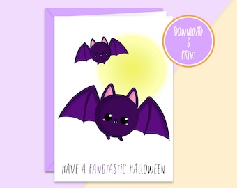 Kawaii Bat Printable Halloween Card "Fangtastic Halloween" | Kawaii Halloween Card | Kawaii Bat Card | Kawaii Printable Card