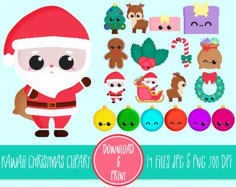 Kawaii kerst clipart | 19 JPG's en PNG's 300DPI leuke kerst clipart set | Leuke kerst illustraties | Kawaii-illustraties | Directe download