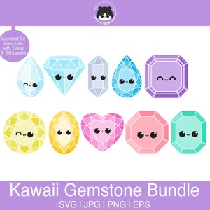 Può includere: Un set di nove illustrazioni di gemme kawaii con facce carine. Le gemme sono di varie forme e colori, tra cui un cuore, una lacrima, un quadrato e un esagono. Le illustrazioni sono stratificate per un facile utilizzo con Cricut e Silhouette.