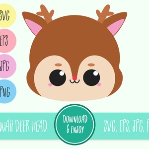 May include: A kawaii deer head with large eyes and a brown nose. The deer has pink ears and antlers. The image is on a light blue background with the text "KAWAII DEER HEAD" and "DOWNLOAD & ENJOY" in black.