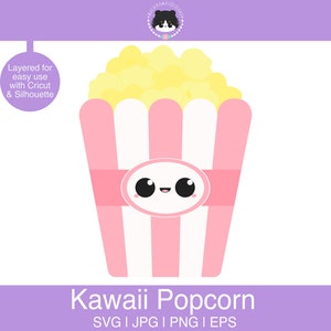 May include: A pink and white striped popcorn bucket with a cute cartoon face. The bucket is filled with yellow popcorn.