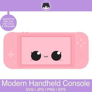 May include: A pink handheld video game console with a cute cartoon face. The console has a screen, buttons, and a joystick.