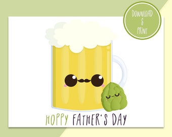 Kawaii Beer Printable Father's Day Postcard "Hoppy Father's Day" | Kawaii Father's Day Postcard | Kawaii Printable Postcard | Punny Card