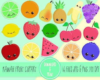 Fruit Clipart | Kawaii Fruit 16 JPGs & PNGs 300DPI Cute Fruit Clipart Instand Download | Kawaii Fruit Clipart | Kawaii Food Clipart