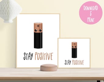 Kawaii Battery Printable Wall Art "Stay Positive" | Kawaii Printable Wall Art | Cute Wall Art | Punny Wall Art | Motivational Quote