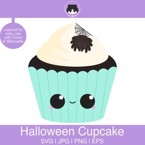 May include: A cute Halloween cupcake with a spider on top. The cupcake is light blue with a white frosting and a black chocolate base. The cupcake has a happy face with big eyes.