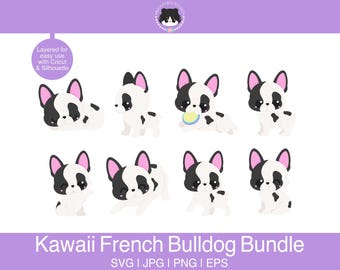 Kawaii French Bulldog SVG Bundle - Frenchie svgs layered for easy use | svg, eps, jpg, png | For cutting programs like Silhouette & Cricut