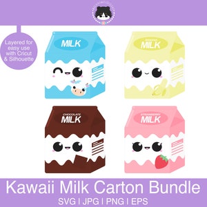 Pakiet Milk Carton SVG: Zwykły, Truskawkowy, Czekoladowy i Bananowy - warstwowy dla łatwego użycia | svg eps jpg png | Kawaii SVG dla Silhouette, Cricut