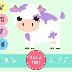 May include: A cartoon illustration of a white cow with purple spots. The cow has a pink nose and ears, and big black eyes. The text "COW SVG" and "DOWNLOAD & ENJOY" are at the bottom of the image.