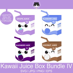 Juice Box SVG Bundle I: Grape, Blueberry, Blackberry & Coconut - layered for easy use | svg eps jpg png | Kawaii SVG for Silhouette, Cricut