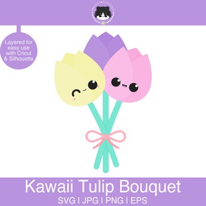 Puede incluir: Una imagen digital de clipart de un ramo de tulipanes kawaii con tres tulipes en amarillo, rosa y morado con caras felices. Los tulipanes tienen tallos verdes y un lazo rosa.