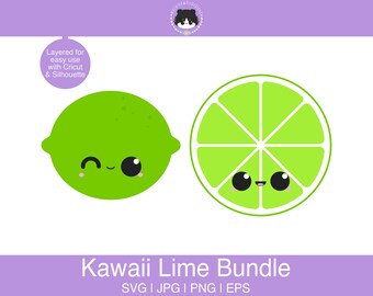 Lime SVG & Lime Slice SVG | Kawaii Lime svg Bundle - layered for easy use | Fruit svg, eps, jpg, png | Kawaii SVG for Silhouette, Cricut etc