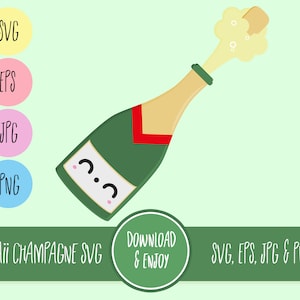 Può includere: Una bottiglia di champagne verde e dorata con una striscia rossa e un simpatico viso da cartone animato fa scoppiare un tappo con una nuvola di bollicine gialla e bianca. Il testo "KAWAII CHAMPAGNE SVG" e "DOWNLOAD & ENJOY" sono in basso nell'immagine.
