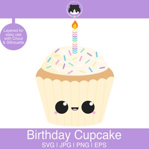 May include: A white cupcake with a single lit candle on top. The cupcake has pink and blue sprinkles and a happy face. The text "Birthday Cupcake" is below the cupcake.