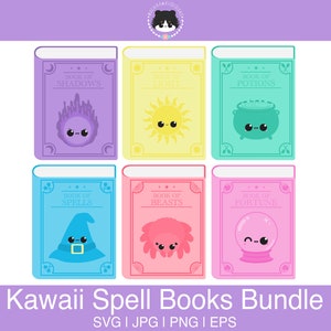 May include: Six colorful book covers with cute cartoon characters. The books are titled "Book of Shadows", "Book of Light", "Book of Potions", "Book of Spells", "Book of Beasts", and "Book of Fortune".