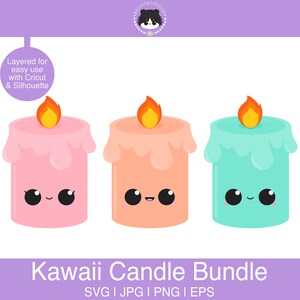 Puede incluir: Tres diseños de velas kawaii con caras lindas. Las velas son rosa, melocotón y turquesa. Cada vela tiene una llama en la parte superior. El texto "Kawaii Candle Bundle" está en la parte inferior de la imagen.