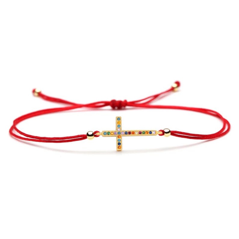 Red String Bracelet Cross Charm Protection Multi CZ Stones Etsy