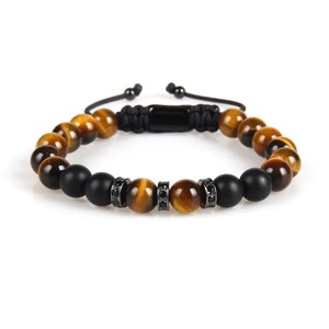 Bracelet Tiger Eye & Black Onyx, Beaded Natural Stone, Gift for Him, Best for Husband, Dad, Spiritual, Healing, Protection, Powerful, Men's