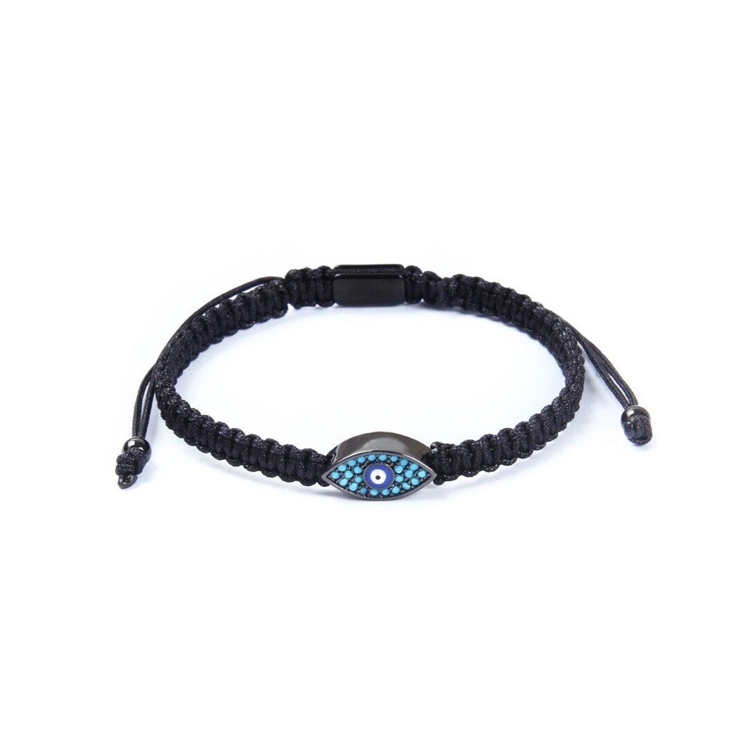 Black String Bracelet, Turquoise Evil Eye Charm Protection, Adjustable Size, Gift for Him, Best