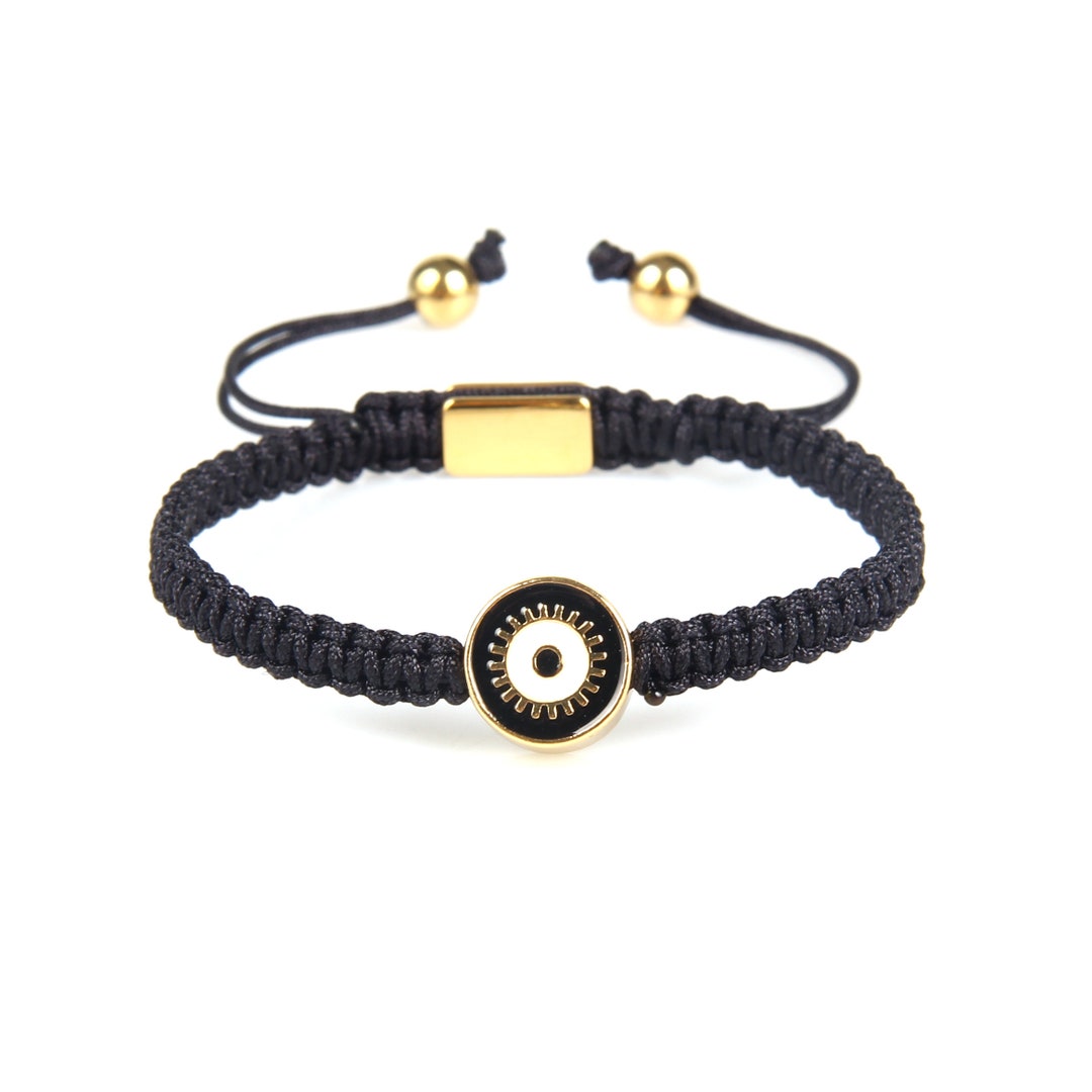 Black String Bracelet, Gold Evil Eye Charm Protection, Adjustable Size, Gift for Him, Best for
