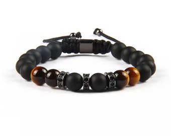 Bracelet Black Onyx & Tiger Eye, beaded natural stone, gift for Him, best for boyfriend, Spiritual, Healing, Protection, Powerful, Men Style