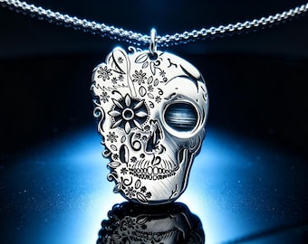Mexican Catrina Skull Pendant Necklace Silver