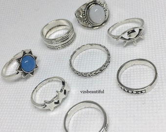 Evil Eye Ring, Boho Ring Set For Woman, Hippie Midi Rings Silver, Bohemian Ring Set, Assorted Pack of 8 Small Vintage Multi Stacking Ring,