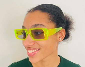 Retro Rectangle vintage Neon Green Lunettes de soleil, Rectangle Cyberpunk Lunettes, Cosplay Festival Lunettes de soleil, Cybergoth Cyberpunk, Lunettes de soleil Royaume-Uni,