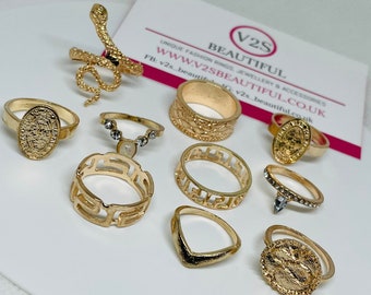 Minimalist Gold Ring Set For Women, Indie Rings, Chunky Gold Rings, Chain Ring, Star Ring Set, Stackable Gold Rings, Boho Ring Set Uk, Gift,