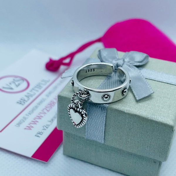 Heart Charm Ring, Adjustable 925 Sterling Silver Heart Charm Dangle Love Lock Ring, silver heart charm Band Ring, Stackable, valentine Gift