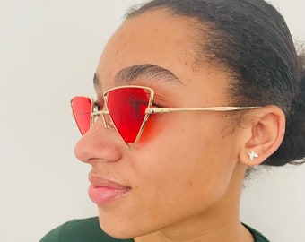 Funky 80s Retro Red Triangle Sunglasses, Vintage Sunglasses, 90s Punk Sunglasses, Boho Hippie Sunglasses, Y2k Unisex Steampunk Sunglasses,